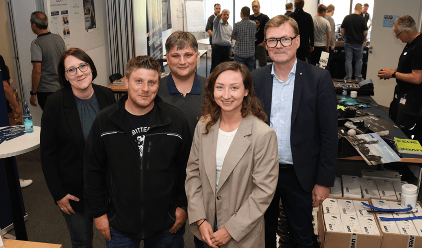 Daniela Stadman (von links), Andre Hagemeier, Patrick Meier, Sneshana Bajew und Hans Martin Grube freuten sich über den Infotag zum Thema Arbeitssicherheit und Prävention. © Merkur Group